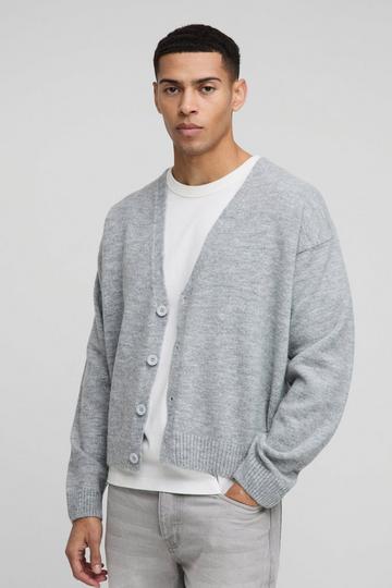 Oversized Boxy Drop Shoulder Fluffy Knitted Cardigan grey