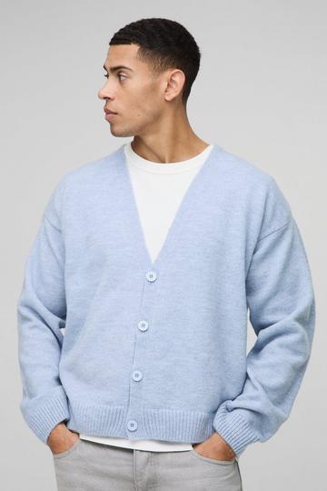 Oversized Boxy Drop Shoulder Fluffy Knitted Cardigan light blue