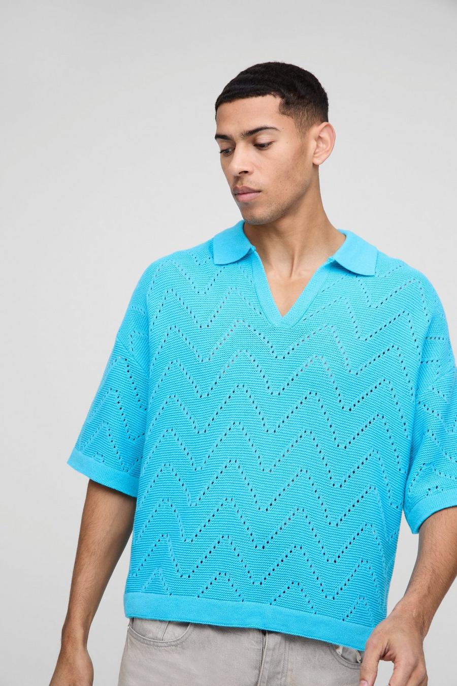 Oversized Boxy V Neck Geometric Knitted Polo | boohoo USA Oversized Boxy V Neck Geometric Knitted Polo | boohoo USA