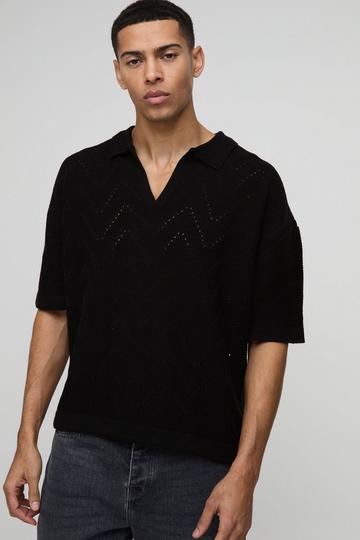 Oversized Boxy V Neck Geometric Knitted Polo black