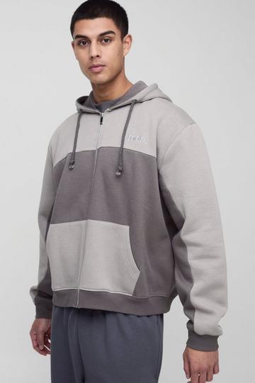 Tall Oversized Boxy Man Panel Zip Through Hoodie charcoal