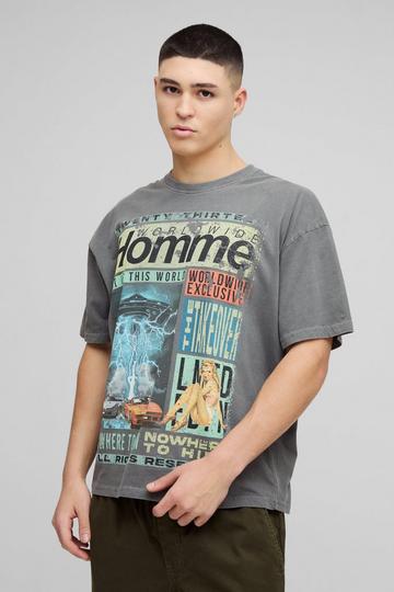 Oversized Homme Magazine Graphic Washed T-Shirt charcoal