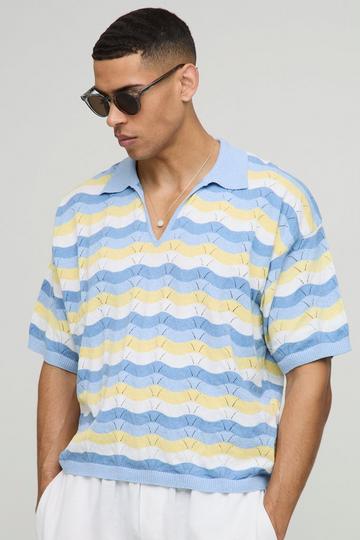 Oversized Boxy Crochet Look Stripe Knitted Polo blue