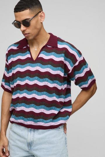 Oversized Boxy Crochet Look Stripe Knitted Polo burgundy