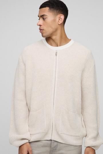 Regular Fit Ribbed Zip Through Collarless Knitted Cardigan ecru