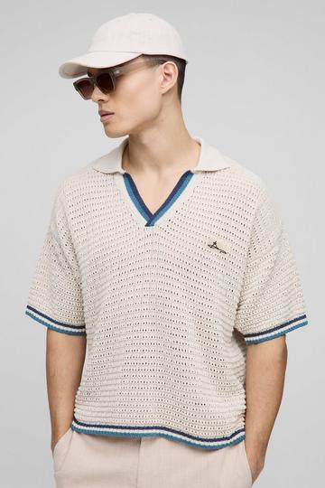 Oversized Boxy Open Stitch Stripe Trim Knitted Polo ecru