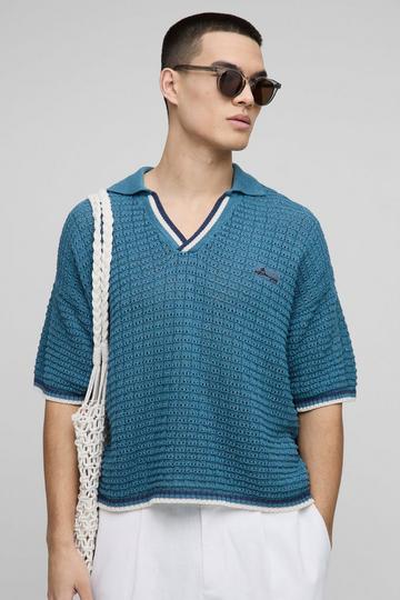 Oversized Boxy Open Stitch Stripe Trim Knitted Polo slate blue