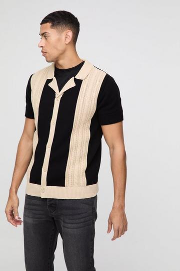 Black Oversized Open Stitch Panel Stripe Knitted Shirt