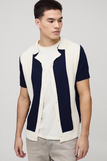 Oversized Open Stitch Panel Stripe Knitted Shirt navy