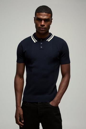 Muscle Fit Textured Tonal Vertical Stripe Button Neck Knitted Polo navy