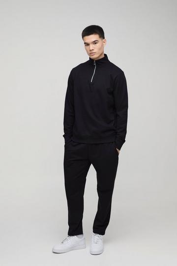 Basic Lightweight Quarter Zip Sweatshirt and Relaxed Tapered Jogger Set black