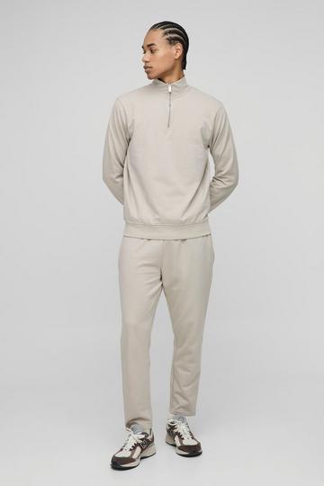 Regular Fit Basic Lightweight Quarter Zip Sweatshirt and Relaxed Tapered Jogger Set stone