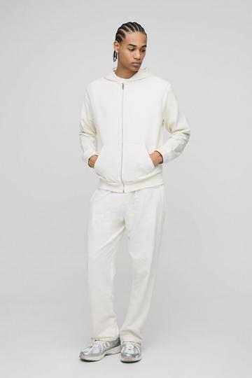 Ecru White Regular Fit Basic Lightweight Zip Through Hoodie and Straight Leg Jogger Set