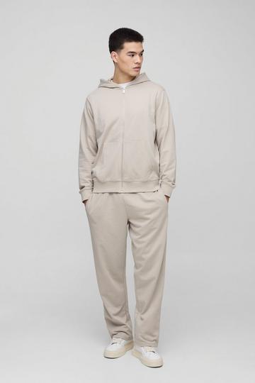 Stone Beige Basic Lightweight Zip Through Hoodie and Straight Leg Jogger Set