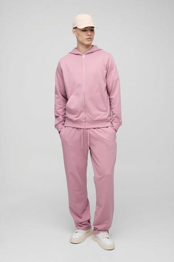 Regular Fit Basic Lightweight Zip Through Hoodie and Straight Leg Jogger Set dusky pink