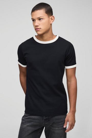 Man Embroidered Waffle Ringer T-Shirt black