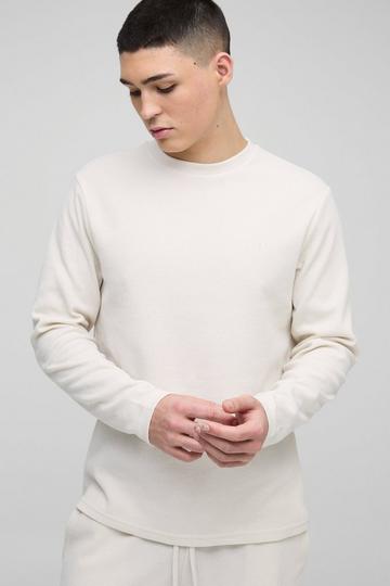 Man Embroidered Long Sleeve Waffle T-Shirt ecru