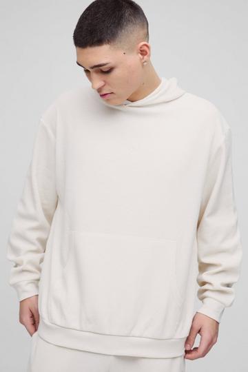 Ecru White Oversized Man Embroidered Waffle Hoodie