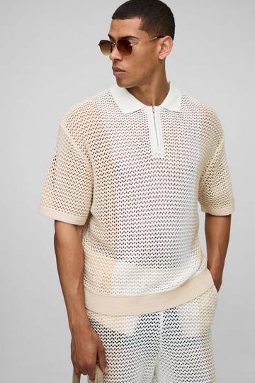 Gebreide Boxy Color Block Polo Met Rits Hals En Open Stiksels stone