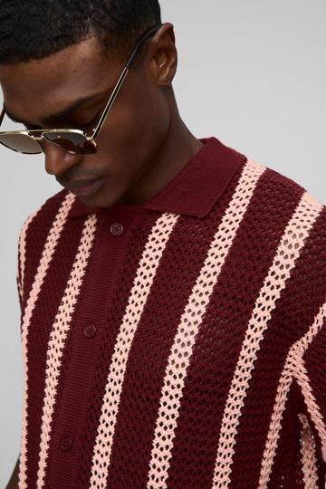 Oversized Open Stitch Stripe Knitted Shirt burgundy
