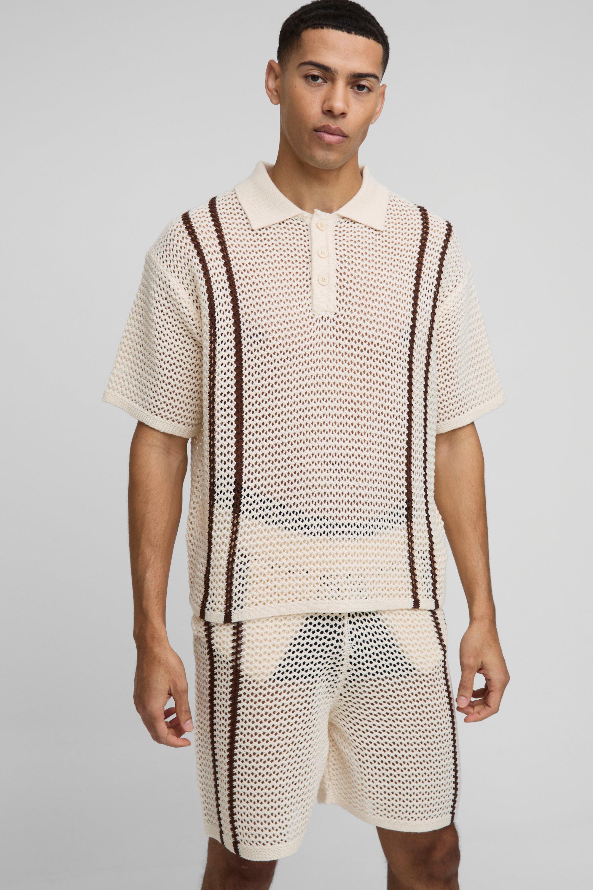 Boxy Fit Open Stitch Stripe Button Neck Knitted Polo Shorts Boxy Fit Open Stitch Stripe Button Neck Knitted Polo Shorts