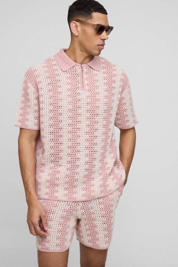 Oversized Boxy Crochet Look Stripe Shorts Knitted Polo Set dusty pink