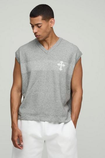 Oversized Boxy Cross Embroidered Knitted Vest grey