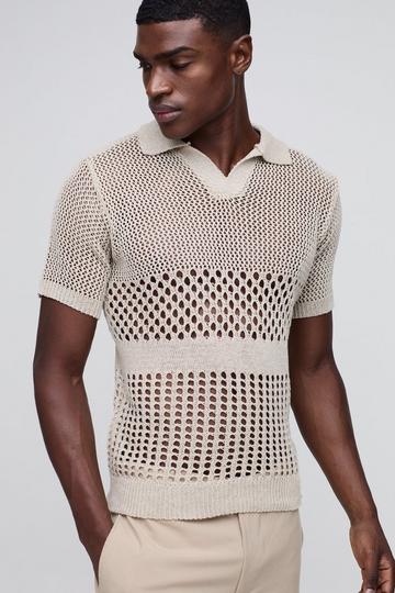 Regular Stitch Interest Button Neck Knitted Polo ecru