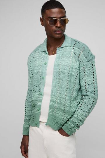 Regular Fit Ombre Stripe Crochet Knitted Shirt green