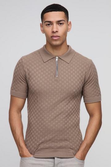 Muscle Fit Zip Neck Basket Knitted Polo taupe