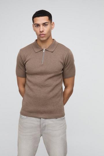 Muscle Fit Zip Neck Colour Twist Knitted Polo taupe