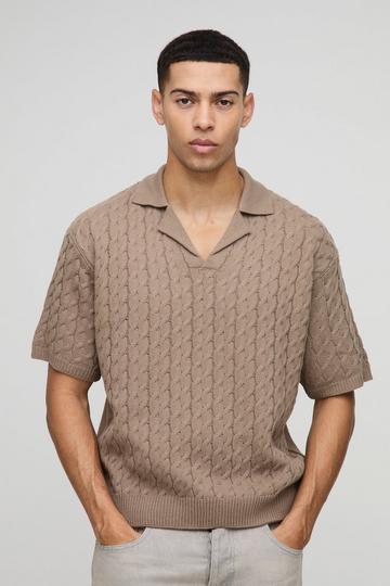 Oversized Grof Gebreide Boxy Polo Met Revers Kraag taupe