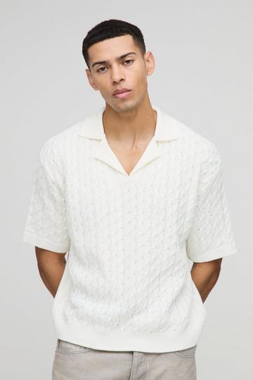 Oversized Grof Gebreide Boxy Polo Met Revers Kraag white