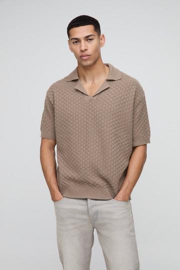 Oversized Boxy Revere Collar Basket Knitted Polo taupe