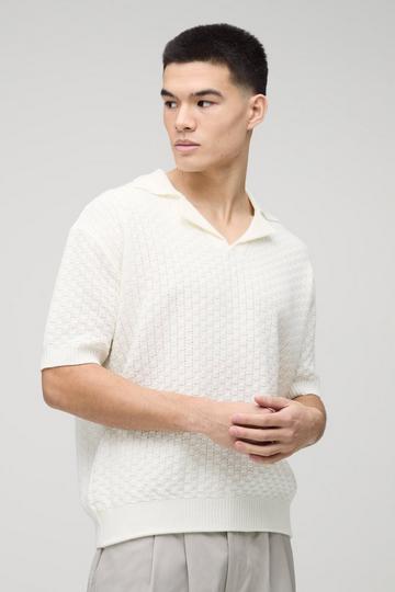 White Oversized Boxy Revere Collar Basket Knitted Polo