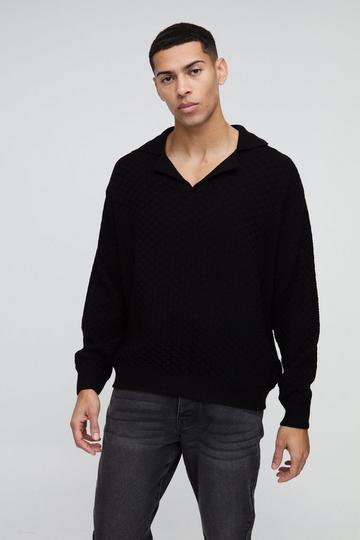 Oversized Boxy Revere Collar Basket Knitted Polo black