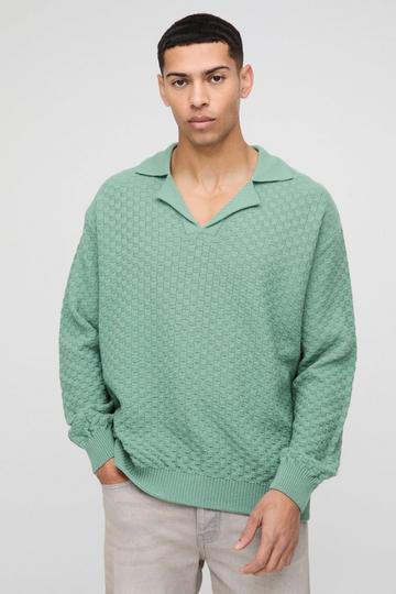 Oversized Boxy Revere Collar Basket Knitted Polo sage