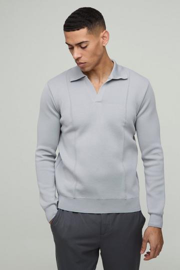 Regular Fit Button Neck Pin Tuck Knitted Polo grey