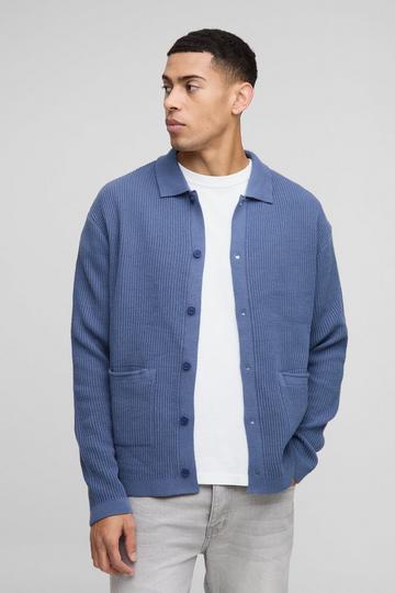 Oversized Boxy Pocket Detail Ribbed Knitted Shirt slate blue