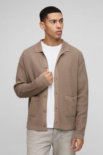 Oversized Geribbeld Gebreid Boxy Overhemd Met Zak Detail taupe