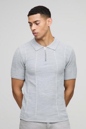 Muscle Fit Zip Neck Ribbed Panelled Knitted Polo grey