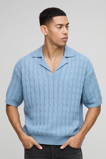 Oversized Boxy Revere Collar Twisted Cable Knitted Polo light blue