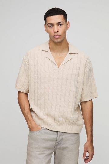 Oversized Boxy Revere Collar Twisted Cable Knitted Polo stone