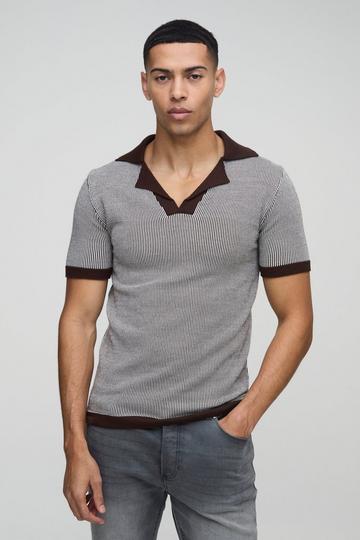 Muscle Fit Revere Collar Ribbed Plated Knitted Polo chocolate