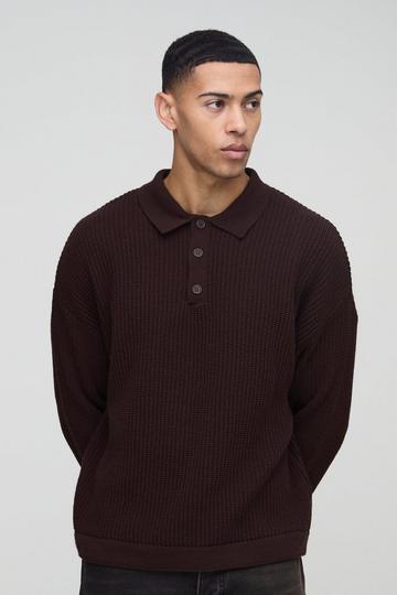 Oversized Boxy Chunky Knit Polo Jumper chocolate