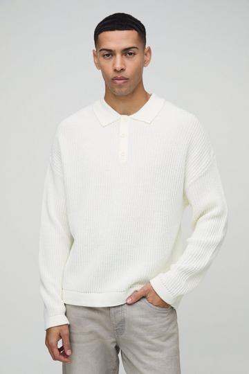 Oversized Boxy Chunky Knit Polo Jumper white