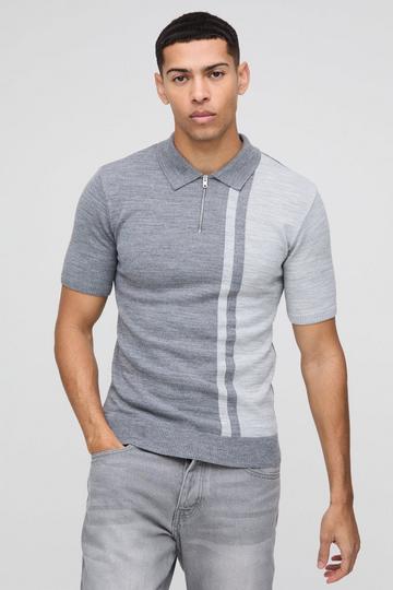 Muscle Fit Short Sleeve Colour Block Knitted Polo grey