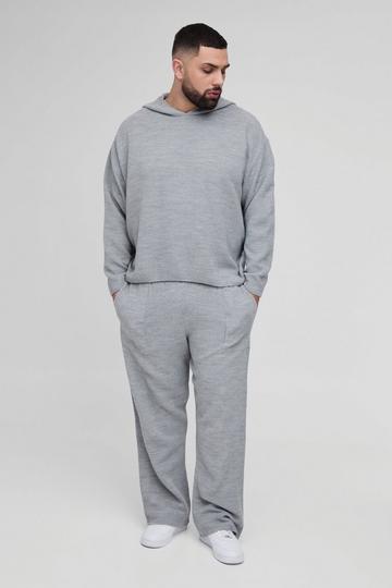 Plus Oversized Stitch Interest Knitted Hooded Tracksuit grey