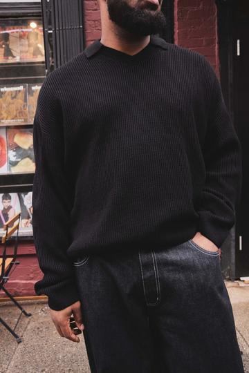 Plus Oversized Boxy Double Collar Detail Knitted Jumper black