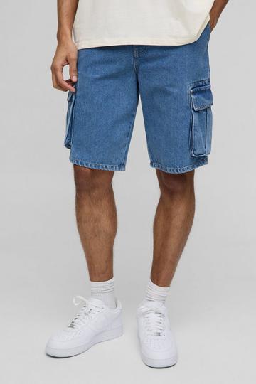 Relaxed Fit Washed Denim Cargo Shorts mid blue